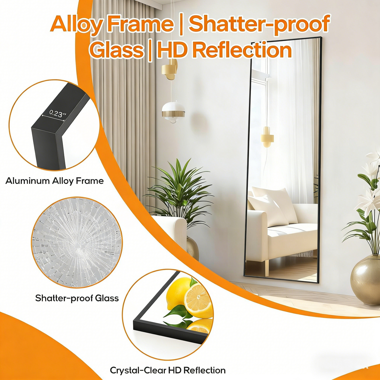Shatterproof Full Length Floor Mirror with Aluminum Frame for Home
