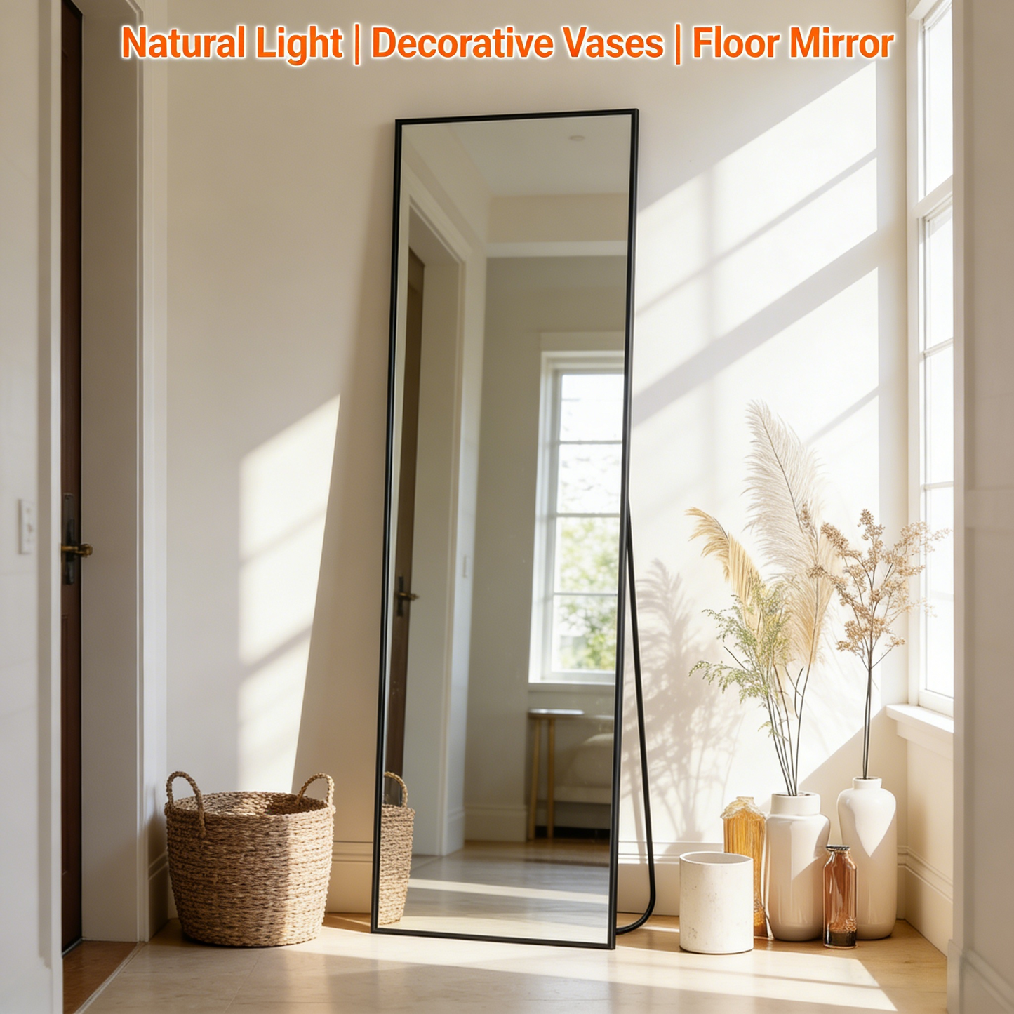 Slim Metal Frame Full Length Mirror, Shatterproof Adjustable Standing Floor Mirror