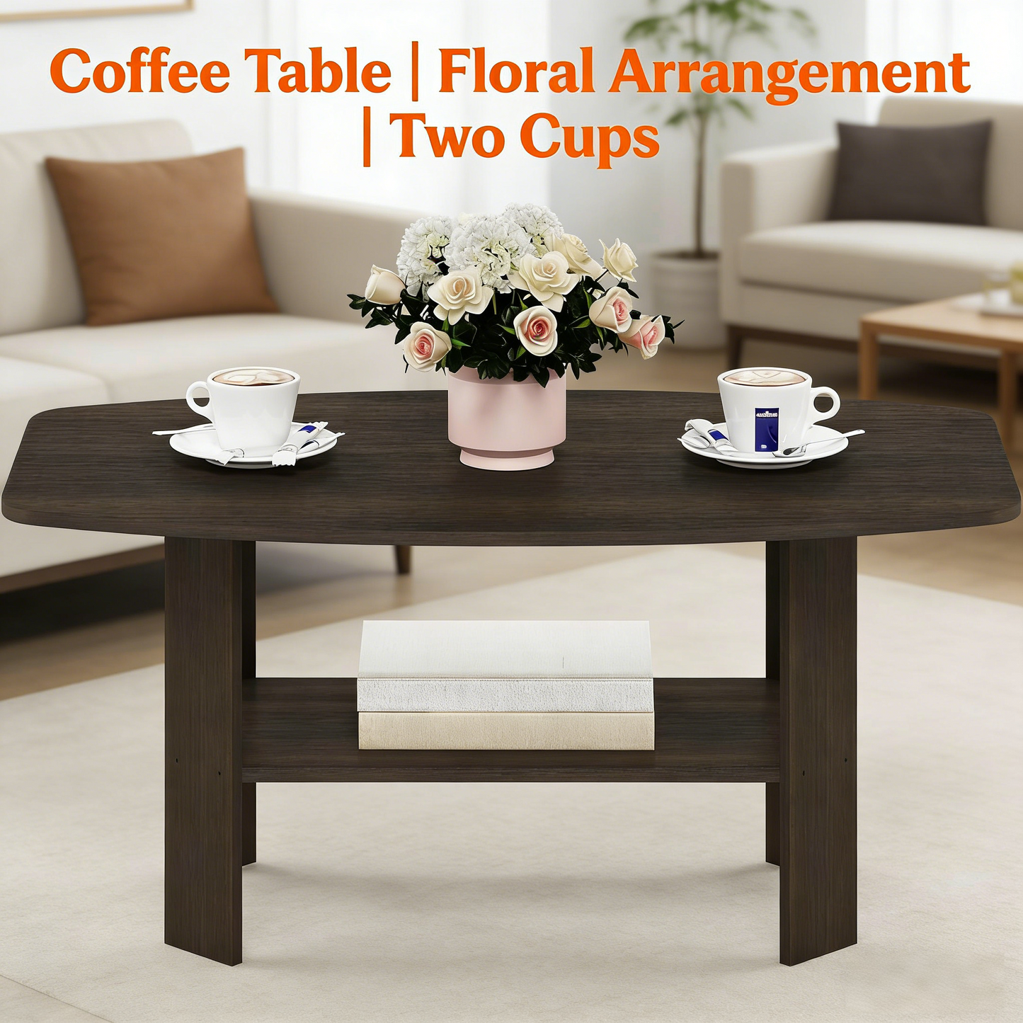 Modern Oval Wooden Coffee Table with Open Storage Shelf