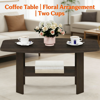 Modern Oval Wooden Coffee Table with Open Storage Shelf