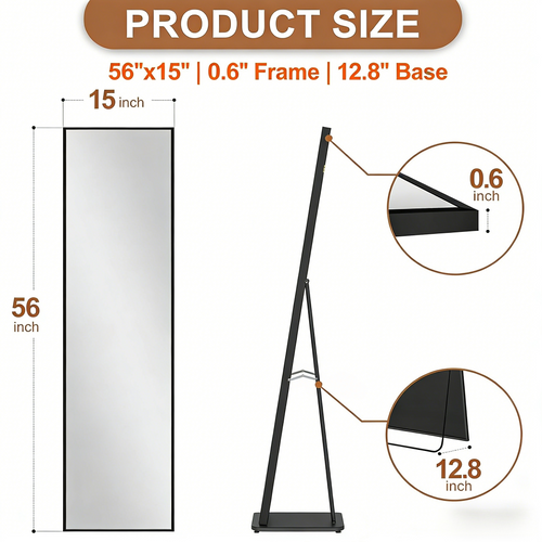 Slim Metal Frame Full Length Mirror, Shatterproof Adjustable Standing Floor Mirror