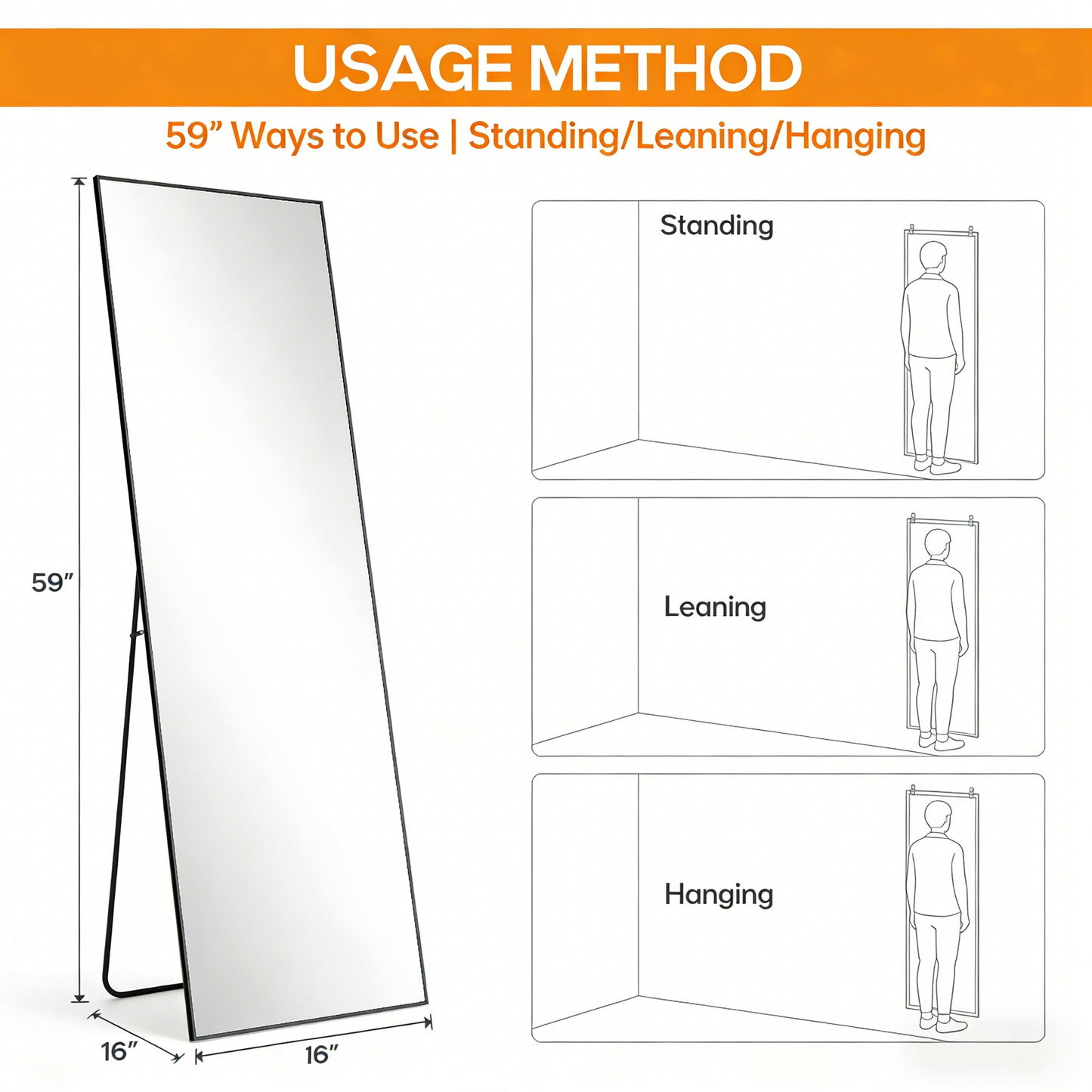 Shatterproof Full Length Floor Mirror with Aluminum Frame for Home