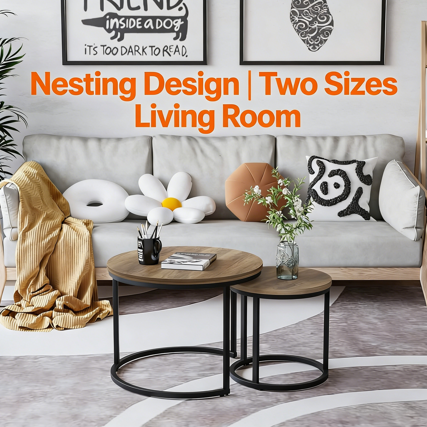 Waterproof Round Nesting End Tables Set of 2 for Living Room