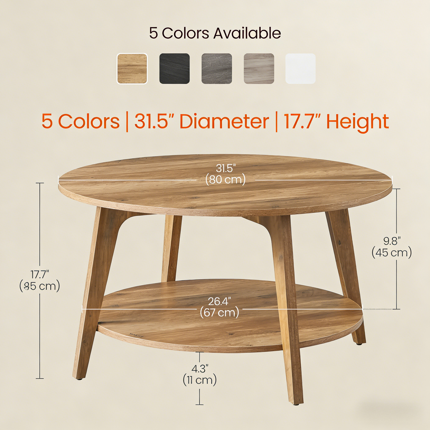 Round Coffee Table with Double Storage Shelf, Sturdy Wooden Home Sofa Table