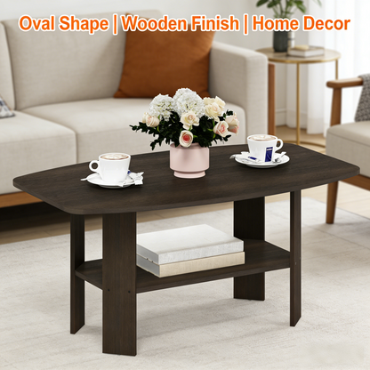 Modern Oval Wooden Coffee Table with Open Storage Shelf