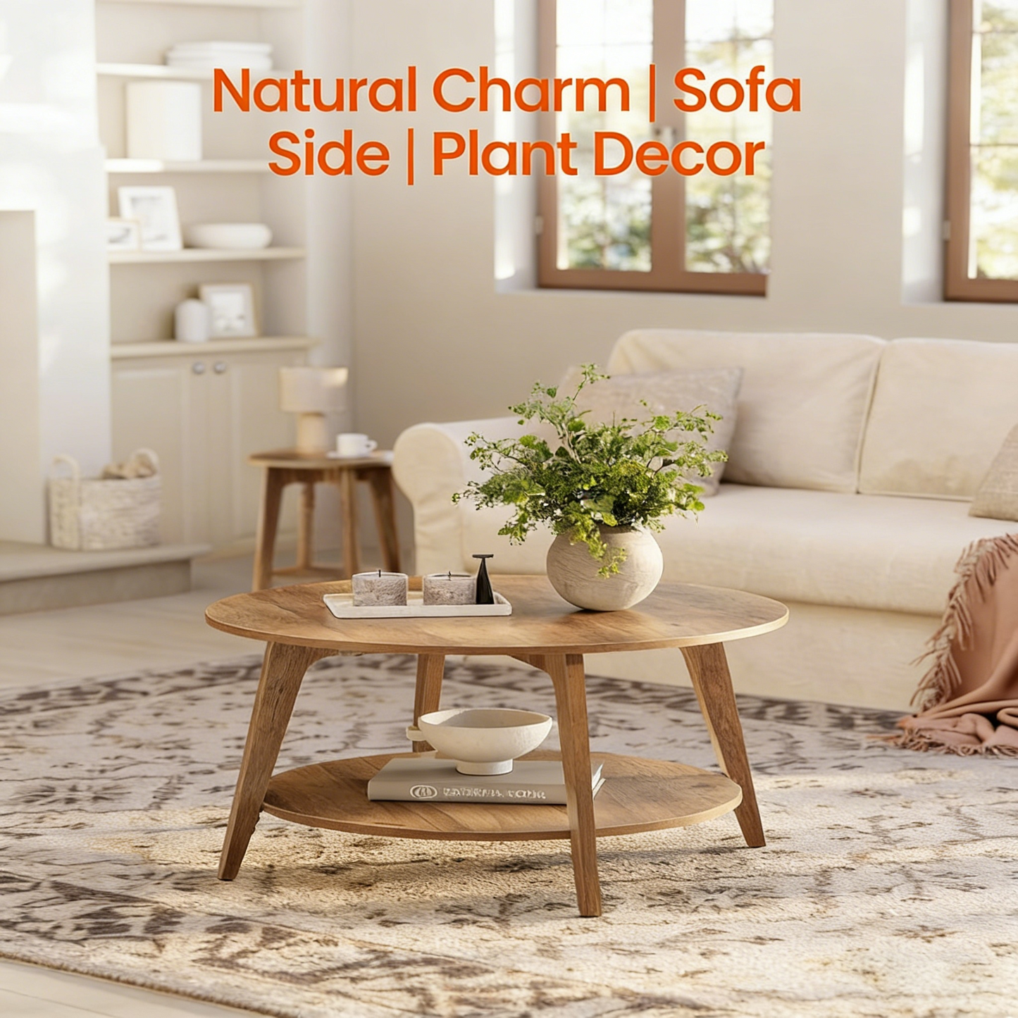 Round Coffee Table with Double Storage Shelf, Sturdy Wooden Home Sofa Table