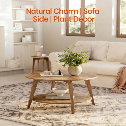 Round Coffee Table with Double Storage Shelf, Sturdy Wooden Home Sofa Table