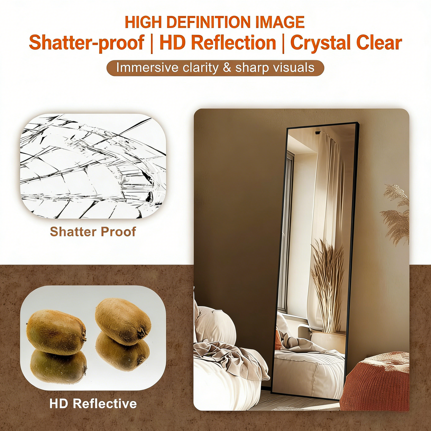 Slim Metal Frame Full Length Mirror, Shatterproof Adjustable Standing Floor Mirror