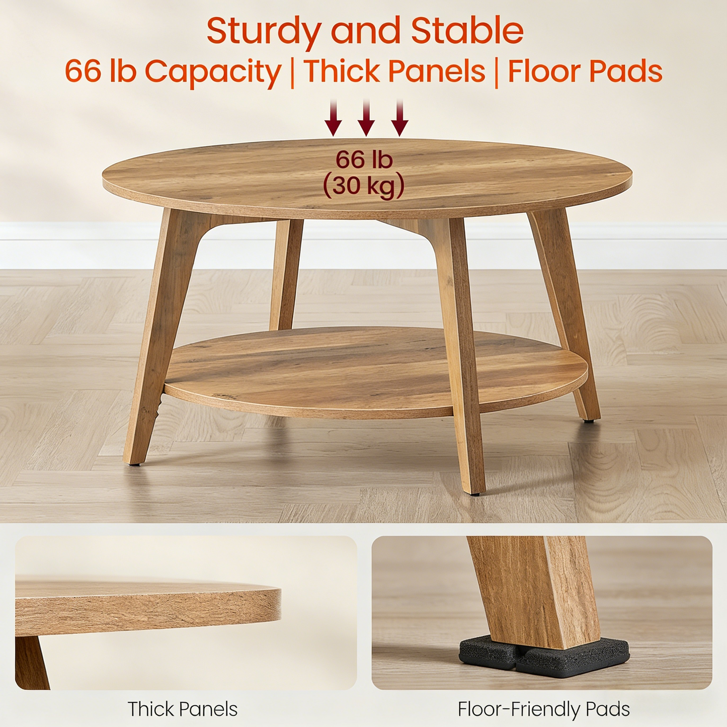 Round Coffee Table with Double Storage Shelf, Sturdy Wooden Home Sofa Table