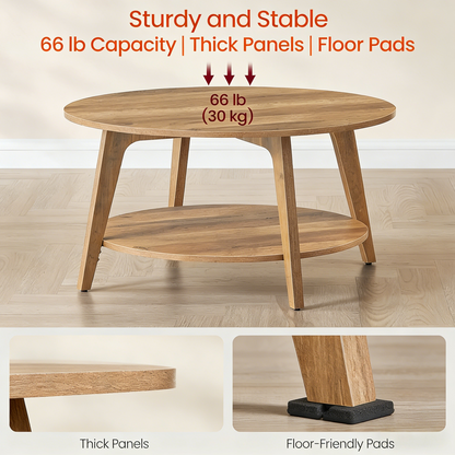 Round Coffee Table with Double Storage Shelf, Sturdy Wooden Home Sofa Table