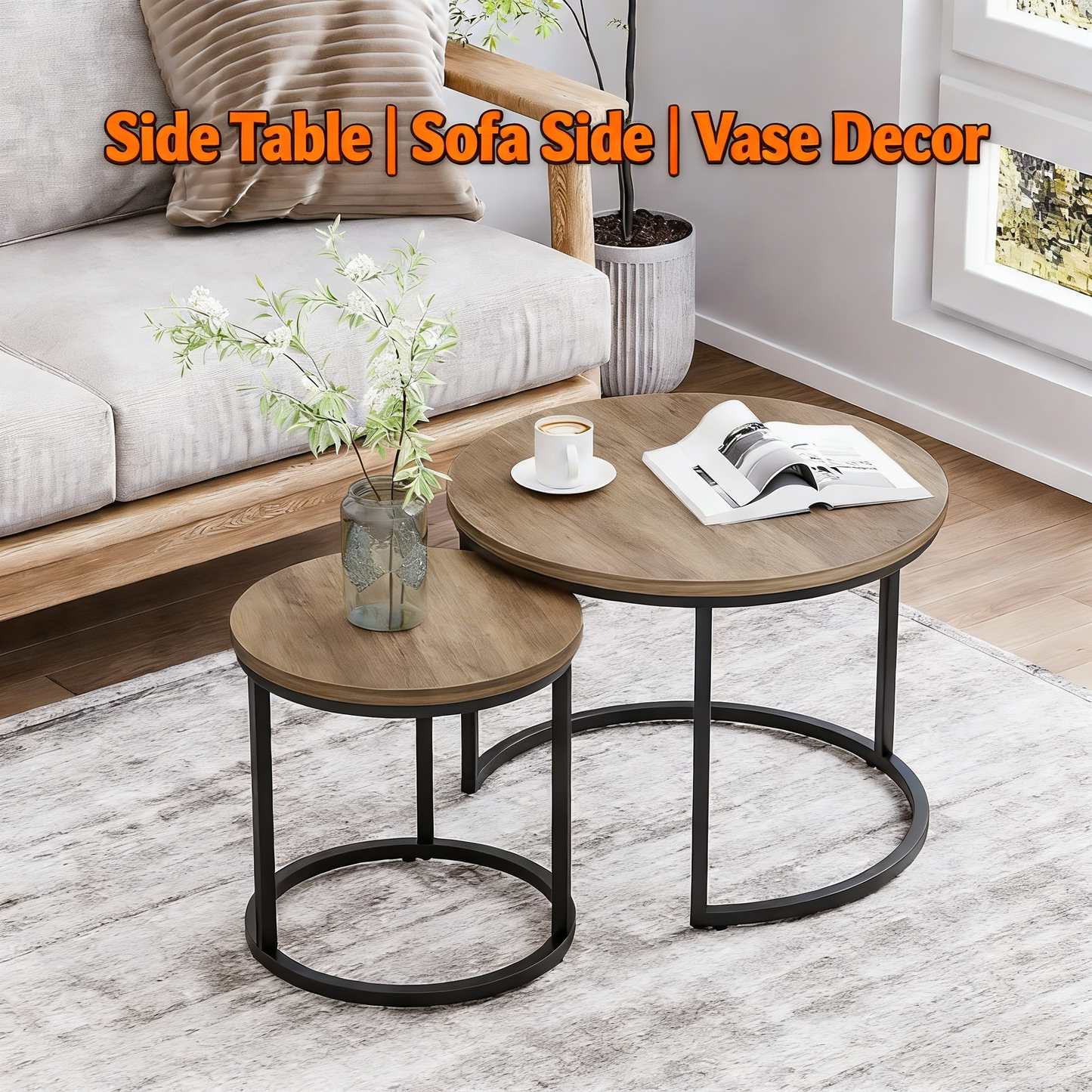 Waterproof Round Nesting End Tables Set of 2 for Living Room