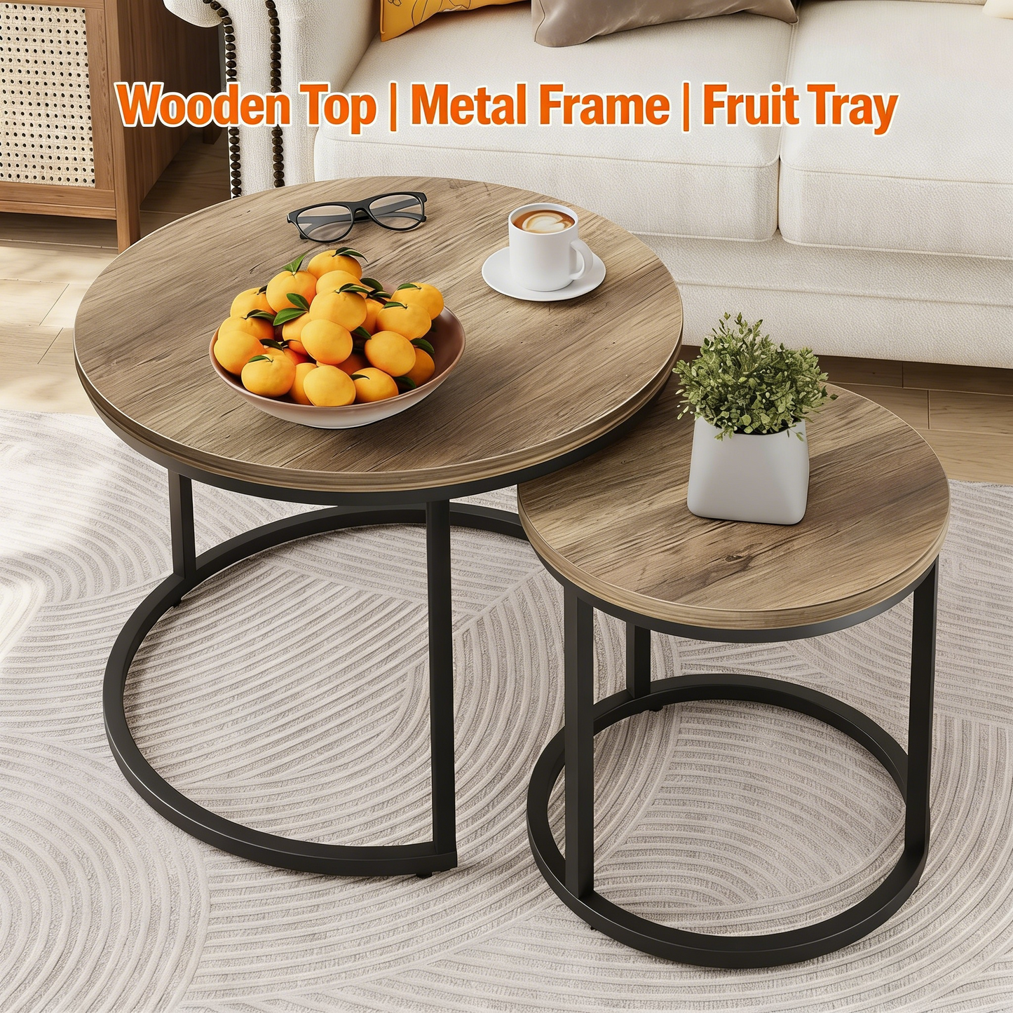 Waterproof Round Nesting End Tables Set of 2 for Living Room
