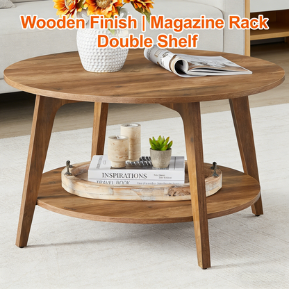 Round Coffee Table with Double Storage Shelf, Sturdy Wooden Home Sofa Table