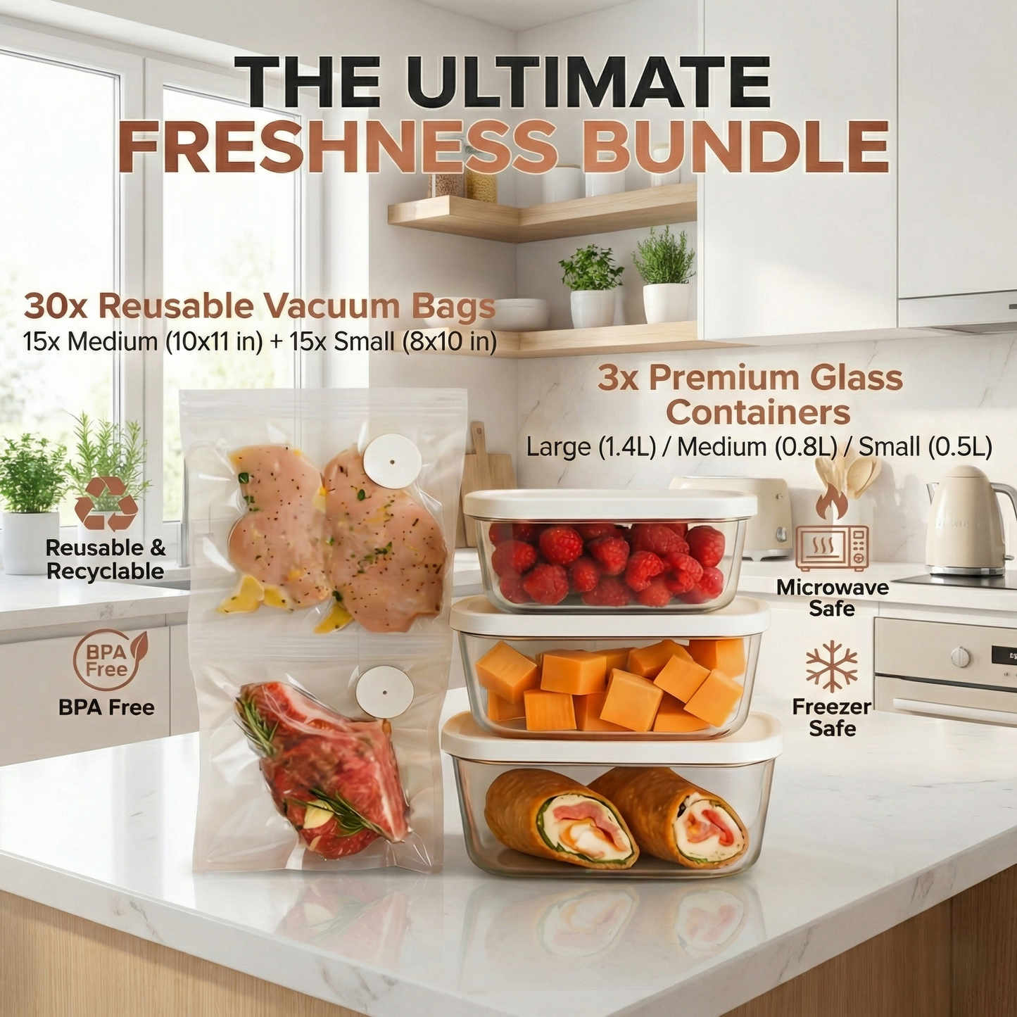 Gentle Life Cordless Vacuum Sealer Bundle with Glass Containers and Reusable Food Bags